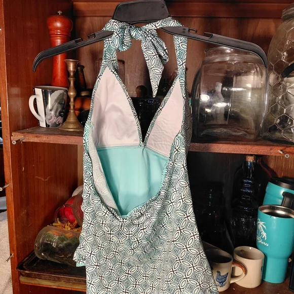 halter-neck one-piece swimsuit with a teal and white geometric pattern - Picture 2 of 2